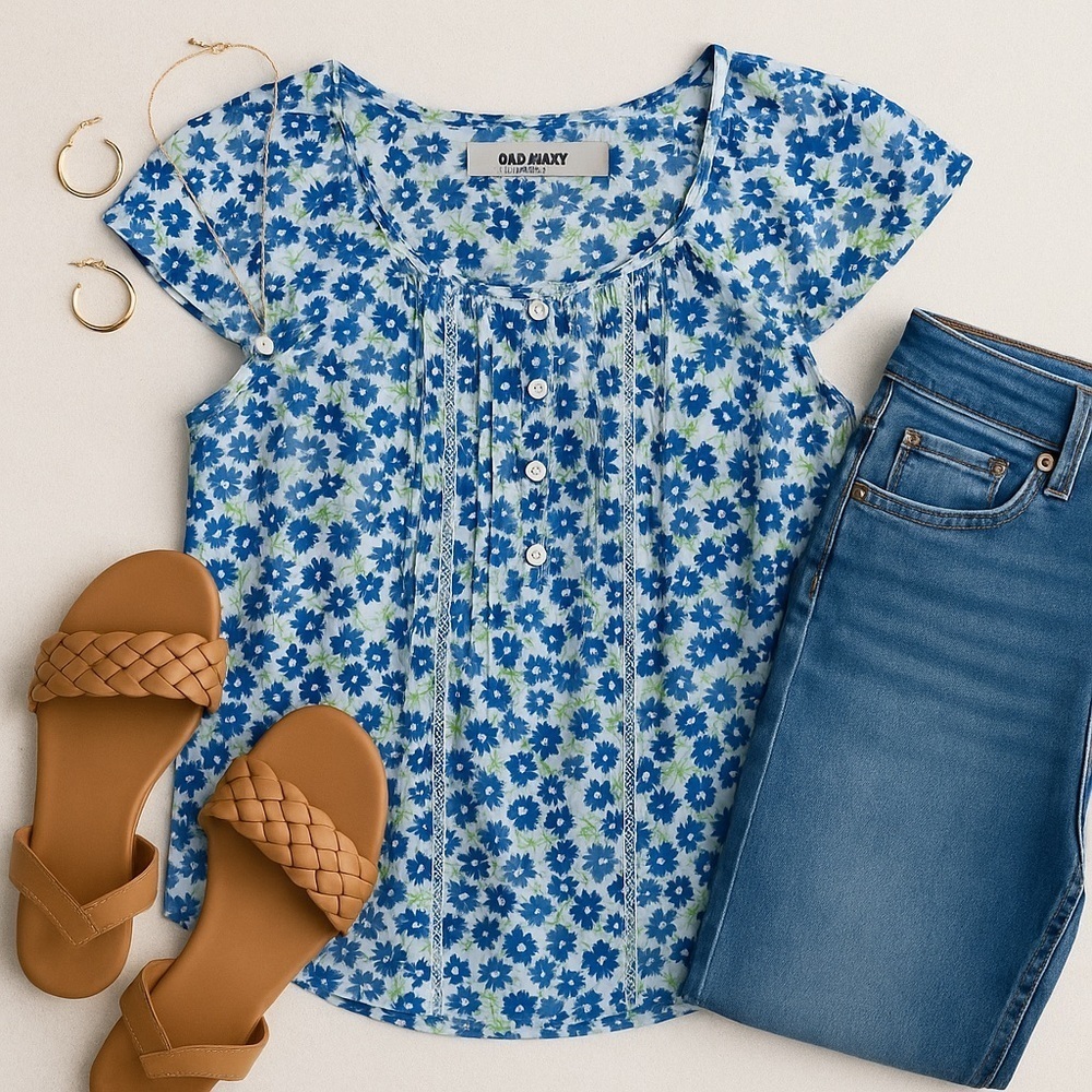 Old Navy | Pintuck Floral Size S Blue White Button Front Casual
